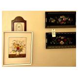 2 VINTAGE HAND PAINTED TOLEWARE TRAYS, FRAMED AND MATTED FLORAL PRINT, KEY HOLDER W/ NEEDLE POINT