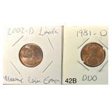 1981-D DOUBLE DIE OBVERSE LINCOLN PENNY, 2002-D LINCOLN PENNY STAMPED W/ MASONIC EMBLEM