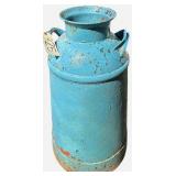 VINTAGE PAINTED BLUE MILK CAN (SHOWING RUST, SOME HOLES)