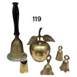 BRASS APPLE BELL, ANTIQUE BRASS SCHOOL BELL W/ WOODEN HANDLE, 4 MINIATURE BRASS BELLS, 2 HEAVY BRASS WALL SCONCES