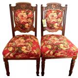 2 ANTIQUE CARVED OAK CHAIRS W/ UPHOLSTERY ON ROLLERS - MATCHES LOT #21