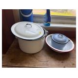 ENAMELWARE POTS AND BOWL WITH JARS