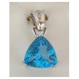 14K White Gold Blue Topaz And Diamond Pendant, Trillion Cut