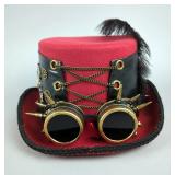 Red Steampunk Top Hat With Feather, Key, And Goggles