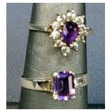 Silver Rings Marked 925 With Pear Shaped Amethyst Surrounded by Cz, Size 5 And Emerald Cut Amethyst 