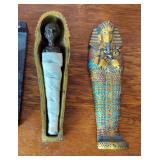 Mini Carved Quartz Desk Clock, 3.5" x 6" And Egyptian Mummy In Casket on Stand, 7"