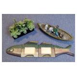 Ceramic Fisherman Figurine 20" Long, Hand Crafted Hinged Section Two Photo Fish Frame, And Faux Succ