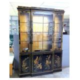 Asian Black Lacquered Break Front Chinoiserie Cabinet With Glass Shelves, 80" 54.5" x 14"