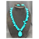 Premiere Designs 21" Faux Turquoise Teardrop Beaded Necklace With Matching Earrings