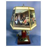 Brass Toned Swing Arm Table Lamp With Colonial Motif On Shade, 20" Tall Powers On And Americana Styl