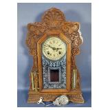 Ansonia Clock Co. Carved Wood Calendar Mantle Clock With Thermometer And Barometer, Includes Key, Gl