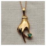 14K Gold Hand w/ Emerald Pendant