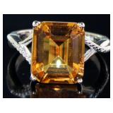 Emerald Cut 5.75 ct Natural Citrine & Diamond Ring