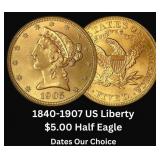 1840-1907 US Liberty Head $5.00 Gold Half Eagle