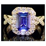 Emerald Cut 3.02 ct Tanzanite & Lab Diamond Ring