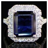 Emerald Cut 6.02 ct Sapphire & Lab Diamond Ring