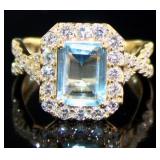 Emerald Cut 3.02 ct Aquamarine & Lab Diamond Ring