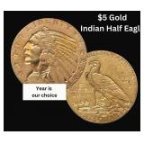 1908-29 Indian Head $5.00 Gold Indian Half Eagle