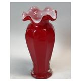 Ruby Red Cased Art Glass Ruffled Rim Paneled