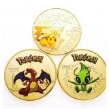 Group of 3 24kt Gold Overlay Pokemon Medallions. R