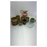 Coffee set. Copper and brass pitcher  glass dish