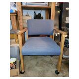 WOOD ARM CHAIR W/WHEELS, BLUE UPHOLSTERY