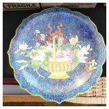 BLUE HAND PAINTED ENAMELED BRASS FOOTED PLATTER