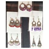 5 PC BOHO STYLE EARRINGS, RED/PURPLE/MOP