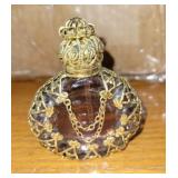 PURPLE COLORED GLASS/BRASS ORNATE PERFUME BOTTLE