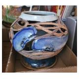 POTTERY CANDLE HOLDER, GLAZED WHALE DESIGN