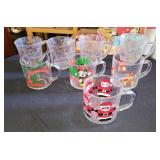 8 PC GLASS CHRISTMAS MUGS, MICKEY MOUSE, SANTA, &