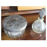 VTG 2 PC GLASS POWDER PUFF DISH, PERFUME BOTTLE