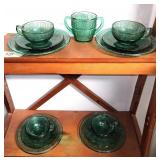 13 PC VTG GREEN GLASS CUPS, SAUCERS, OTHER