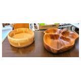 2 PC HAND CRAFTED WOOD BOWL, LEAF DIVIDED BOWL