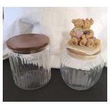 2 PC GLASS CANISTERS, BEAR LID & WOOD LID