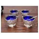 FB ROGERS SILV/BLUE GLASS SALT CELLARS W/SP SPOONS