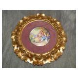 Antique Handpainted Enamel on Metal Disc with fram