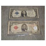 1928 $1 & $5 notes - funny back & red seal