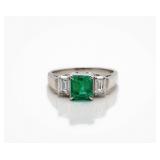 Platinum GIA F1 Minor Emerald Diamond 3 Stone Ring