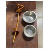 Small pet carrier with dog dishes, and metal stake