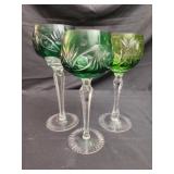 3 green crystal glasses