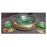 Green Depression glass bowl and 2 candle holders