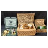 Vintage Pyrography Boxes with Costume Jewelry