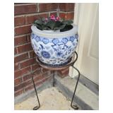 Blue & White Ceramic Flower Pot & Stand
