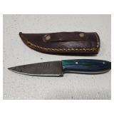 Small Blue & green Damascus steel knife & sheath