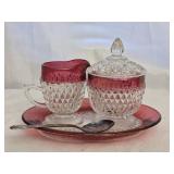 Beautiful Crystal Cranberry Glass Cream Sugar Dish