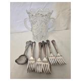 Crystal Spooner with misc silver plated flatware