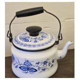 Blue & White Enamelware Tea Pot with Lid