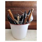 Enamel Bucket Full of Vintage Kitchenware