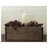 Wood Crate of Pine Cones & Faux Candle